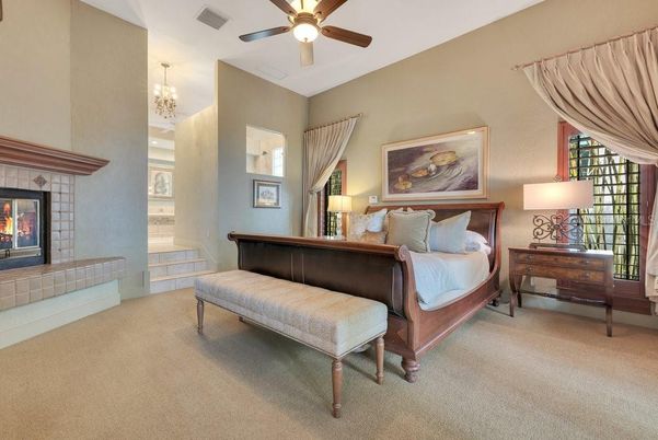 Bedroom, Chandelier, Fireplace, Interior