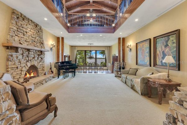 Fireplace, Interior, Living room, Piano, Recessed Lighting, Stone Walls, Wooden Beams