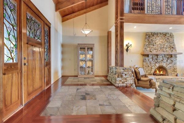Fireplace, Interior, Pendant Lights, Stone Walls, Wooden Beams, Wood Texture Flooring
