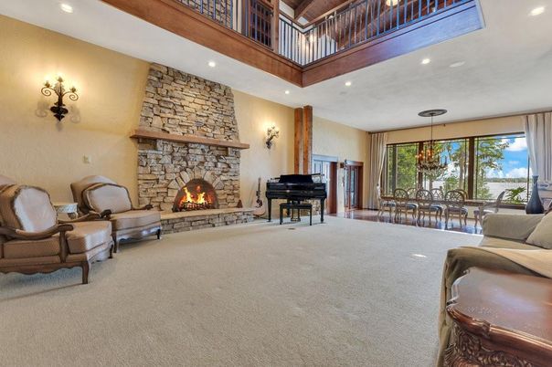 Dining room, Fireplace, Interior, Piano, Recessed Lighting, Stone Walls