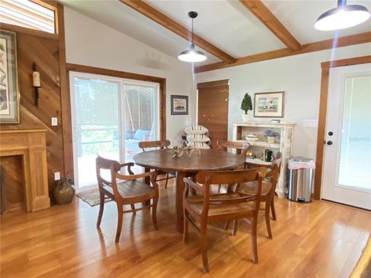 Dining room, Fireplace, Interior, Pendant Lights, Wooden Beams, Wood Texture Flooring, Wooden Walls