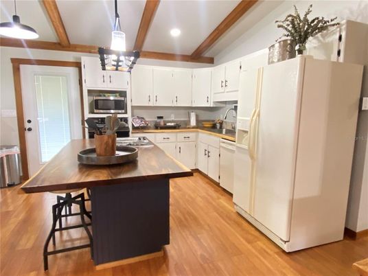 Interior, Kitchen, Pendant Lights, Recessed Lighting, Stainless Steel Appliances, Wooden Beams, Wood Texture Flooring