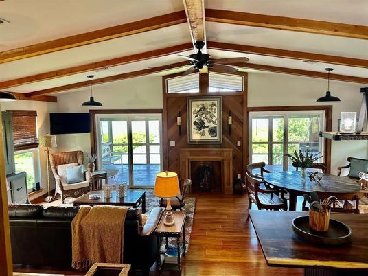 Dining room, Fireplace, Interior, Living room, Pendant Lights, Wooden Beams, Wood Texture Flooring, Wooden Walls