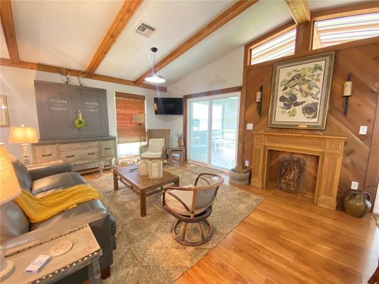 Fireplace, Interior, Living room, Pendant Lights, Wooden Beams, Wood Texture Flooring