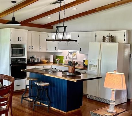 Interior, Kitchen, Pendant Lights, Recessed Lighting, Stainless Steel Appliances, Wooden Beams, Wood Texture Flooring