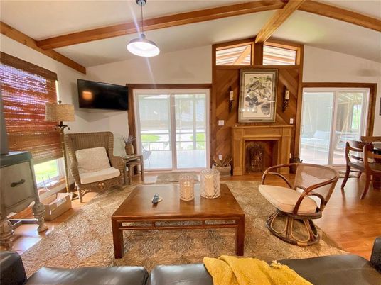 Fireplace, Interior, Living room, Pendant Lights, Wooden Beams, Wood Texture Flooring