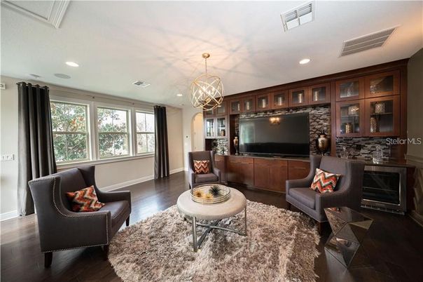 Chandelier, Interior, Living room, Recessed Lighting, Wood Texture Flooring