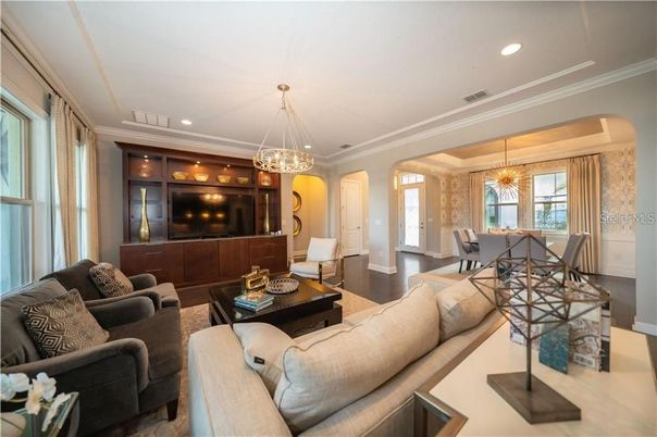 Chandelier, Dining room, Interior, Living room, Pendant Lights, Recessed Lighting, Wood Texture Flooring