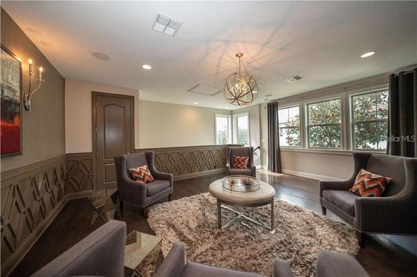 Chandelier, Interior, Living room, Recessed Lighting, Wood Texture Flooring