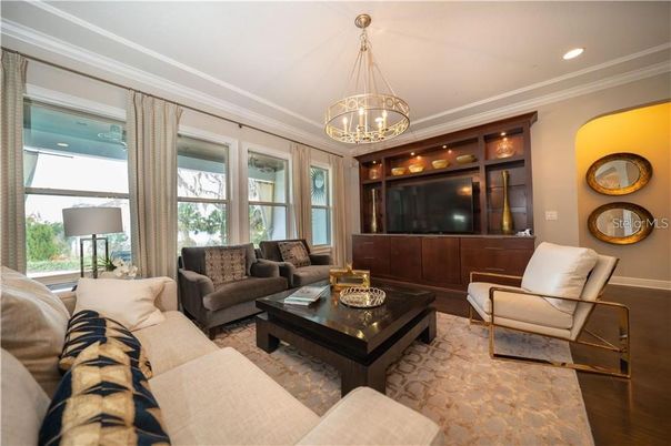 Interior, Living room, Pendant Lights, Recessed Lighting, Wood Texture Flooring