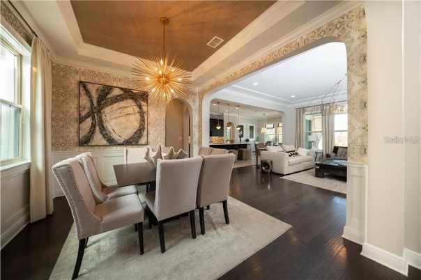 Dining room, Interior, Living room, Pendant Lights, Recessed Lighting, Wood Texture Flooring