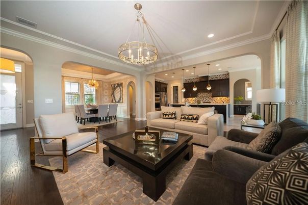 Chandelier, Dining room, Interior, Kitchen, Living room, Pendant Lights, Recessed Lighting, Wood Texture Flooring