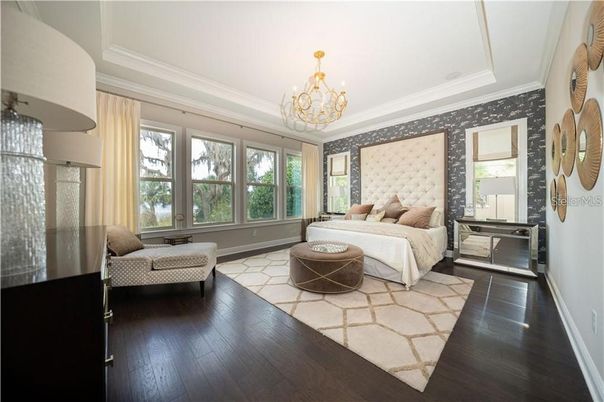 Bedroom, Chandelier, Interior, Wood Texture Flooring