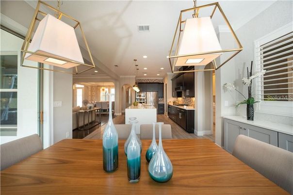 Dining room, Interior, Kitchen, Pendant Lights, Recessed Lighting, Wood Texture Flooring