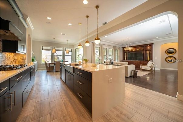 Chandelier, Dining room, Interior, Kitchen, Living room, Pendant Lights, Recessed Lighting, Wood Texture Flooring