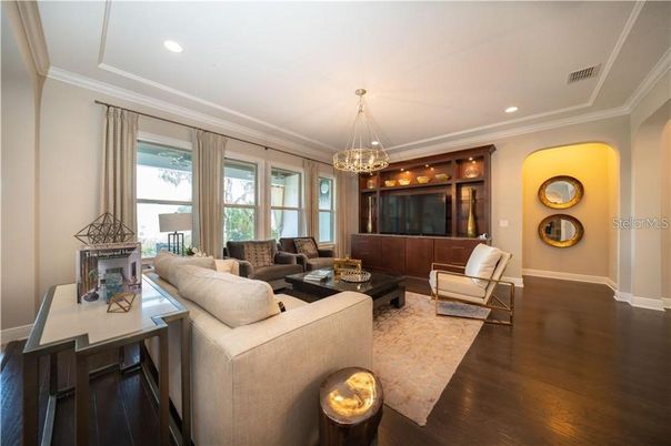 Interior, Living room, Pendant Lights, Recessed Lighting, Wood Texture Flooring