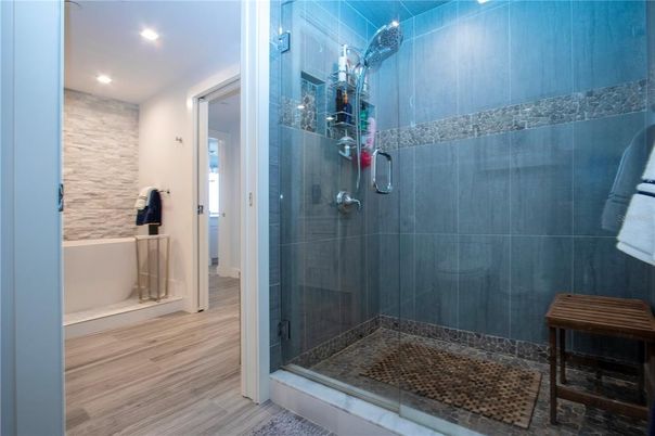 Bathroom, Glass Shower, Interior, Recessed Lighting, Wood Texture Flooring