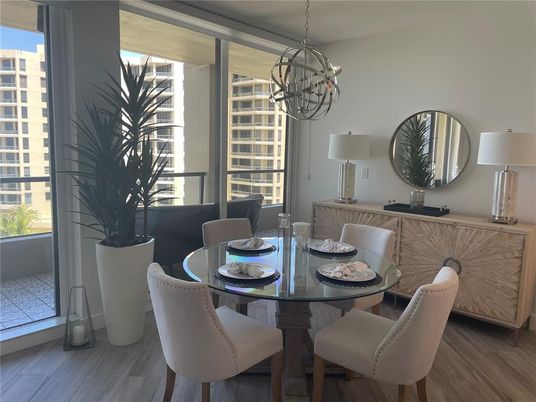 Chandelier, Dining room, Interior, Pendant Lights, Wood Texture Flooring