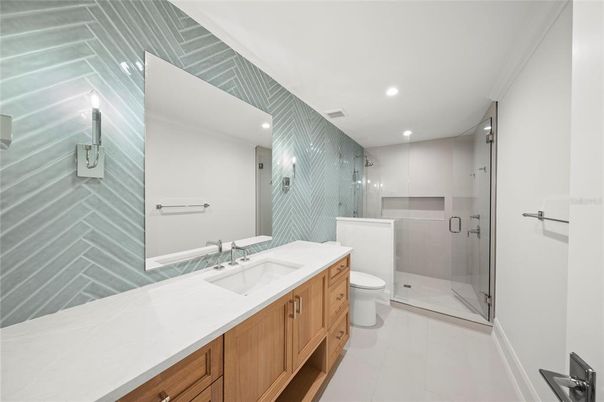 Bathroom, Dual Sink Vanities, Glass Shower, Interior, Recessed Lighting