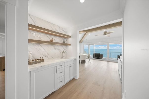 Interior, Marble Walls, Recessed Lighting, Water, Wood Texture Flooring