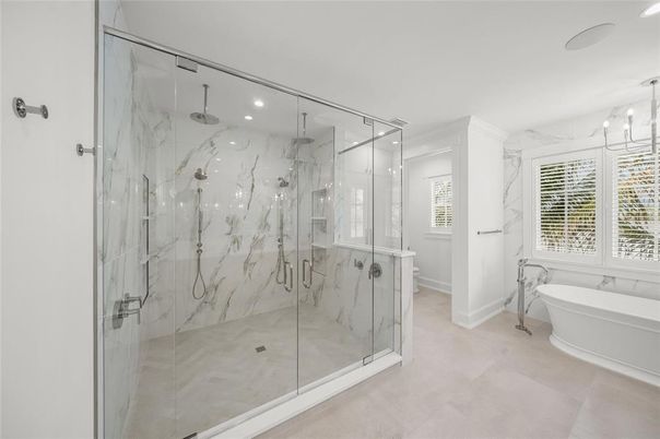 Bathroom, Free Standing Baths, Glass Shower, Interior, Marble Walls, Recessed Lighting