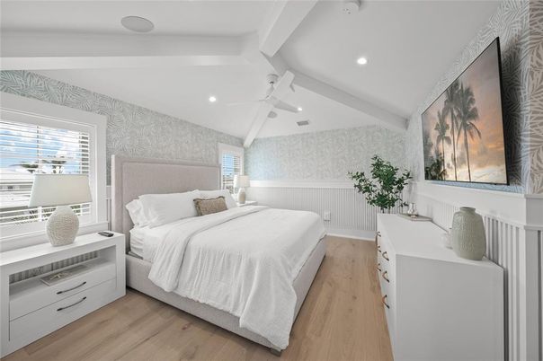 Bedroom, Interior, Recessed Lighting, Wood Texture Flooring