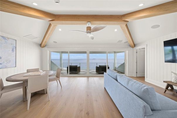 Dining room, Interior, Living room, Recessed Lighting, Wooden Beams, Wood Texture Flooring