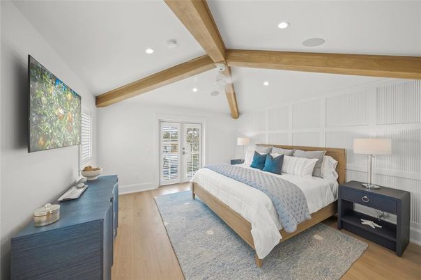 Bedroom, Interior, Recessed Lighting, Wooden Beams, Wood Texture Flooring