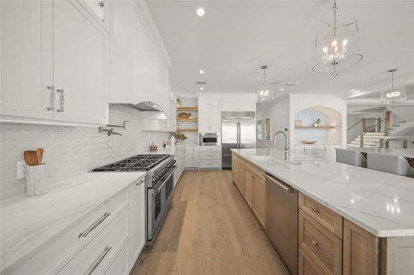 Interior, Kitchen, Pendant Lights, Recessed Lighting, Stainless Steel Appliances, Wood Texture Flooring