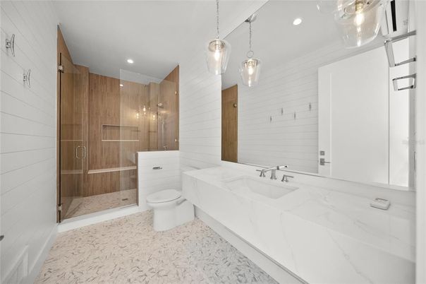 Bathroom, Glass Shower, Interior, Marble, Pendant Lights, Recessed Lighting
