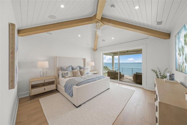 Bedroom, Interior, Recessed Lighting, Water, Wooden Beams, Wood Texture Flooring