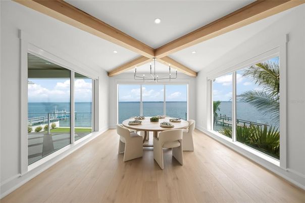 Dining room, Interior, Recessed Lighting, Water, Wooden Beams, Wood Texture Flooring