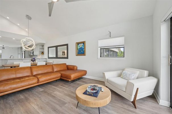 Interior, Living room, Pendant Lights, Recessed Lighting, Wood Texture Flooring