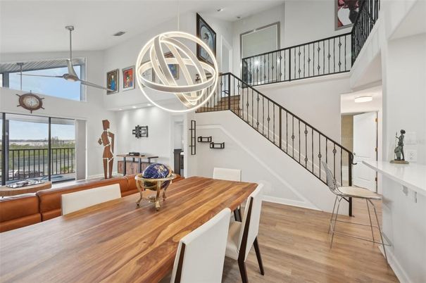 Dining room, Interior, Pendant Lights, Wood Texture Flooring
