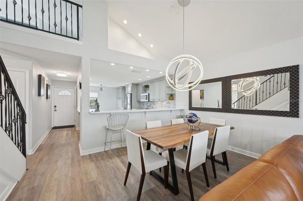 Dining room, Interior, Kitchen, Pendant Lights, Recessed Lighting, Wood Texture Flooring