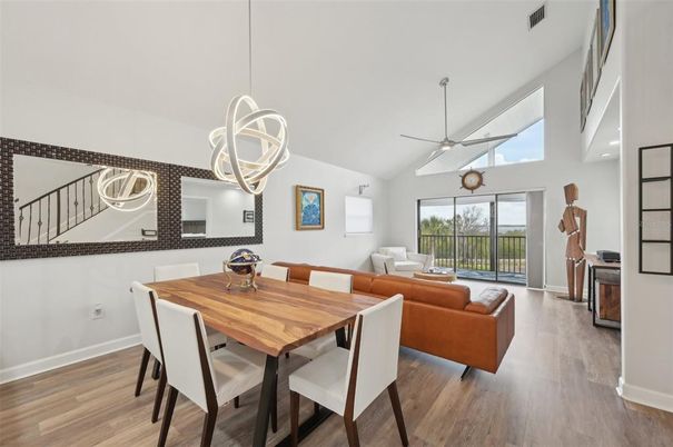 Dining room, Interior, Living room, Pendant Lights, Recessed Lighting, Wood Texture Flooring