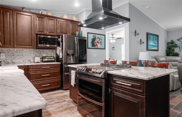 Interior, Kitchen, Recessed Lighting, Stainless Steel Appliances, Wood Texture Flooring
