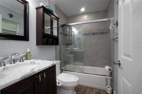 Bathroom, Glass Shower, Interior, Recessed Lighting, Wood Texture Flooring