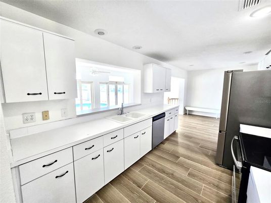 Interior, Kitchen, Recessed Lighting, Wood Texture Flooring