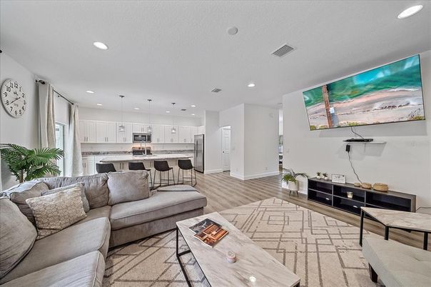 Interior, Kitchen, Living room, Pendant Lights, Recessed Lighting, Wood Texture Flooring