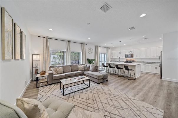 Interior, Kitchen, Living room, Pendant Lights, Recessed Lighting, Wood Texture Flooring