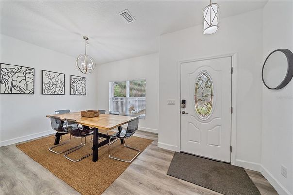 Dining room, Interior, Pendant Lights, Wood Texture Flooring
