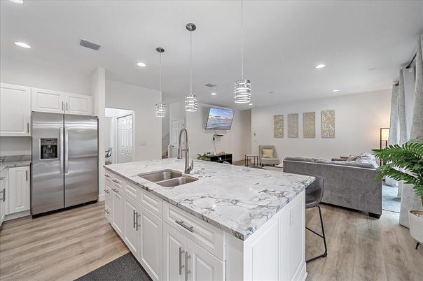 Interior, Kitchen, Living room, Pendant Lights, Recessed Lighting, Stainless Steel Appliances, Wood Texture Flooring