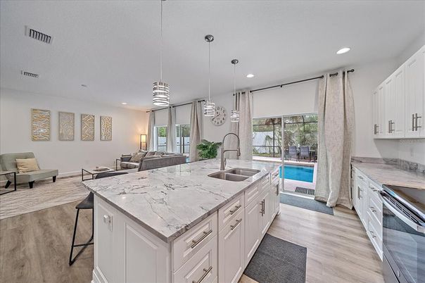 Interior, Kitchen, Living room, Pendant Lights, Recessed Lighting, Wood Texture Flooring