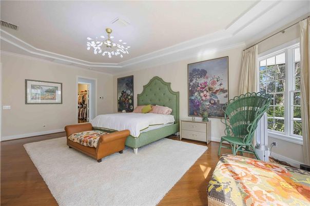 Bedroom, Interior, Pendant Lights, Wood Texture Flooring