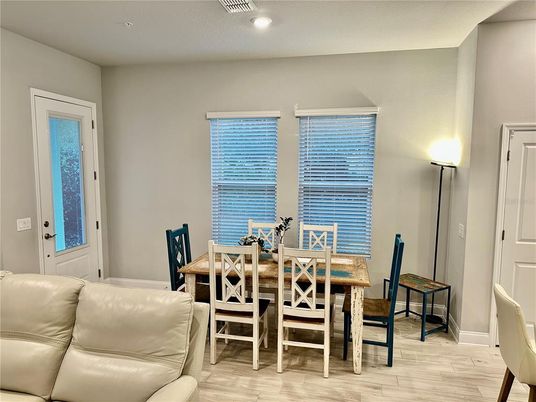 Dining room, Interior, Recessed Lighting, Wood Texture Flooring