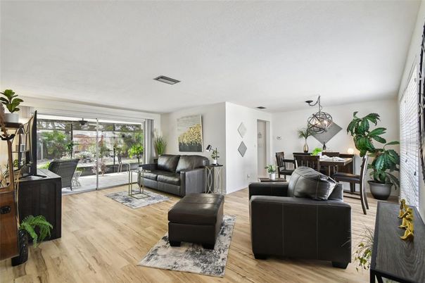 Dining room, Interior, Living room, Pendant Lights, Wood Texture Flooring