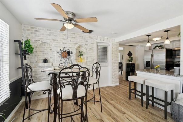 Dining room, Interior, Kitchen, Stainless Steel Appliances, Stone Walls, Wood Texture Flooring