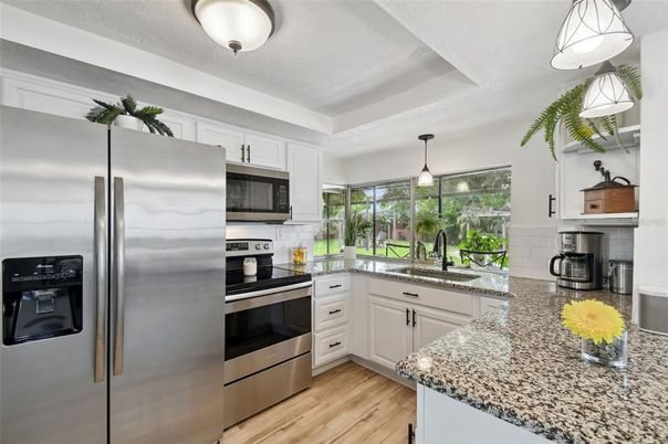 Interior, Kitchen, Pendant Lights, Stainless Steel Appliances, Wood Texture Flooring