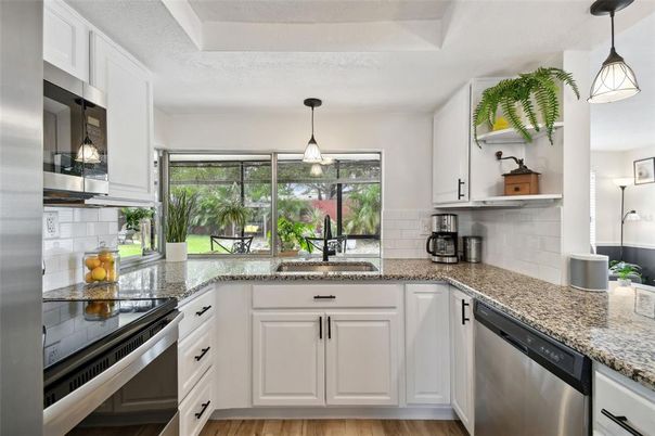 Interior, Kitchen, Pendant Lights, Stainless Steel Appliances, Wood Texture Flooring